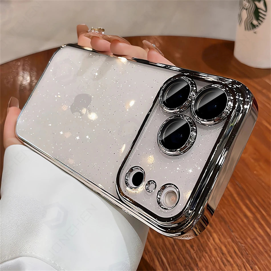 Luxury Transparent Glitter Clear Slim Case for iPhone 12–17 Series, Orange Painted Bumper Lens Protection Hard Cover