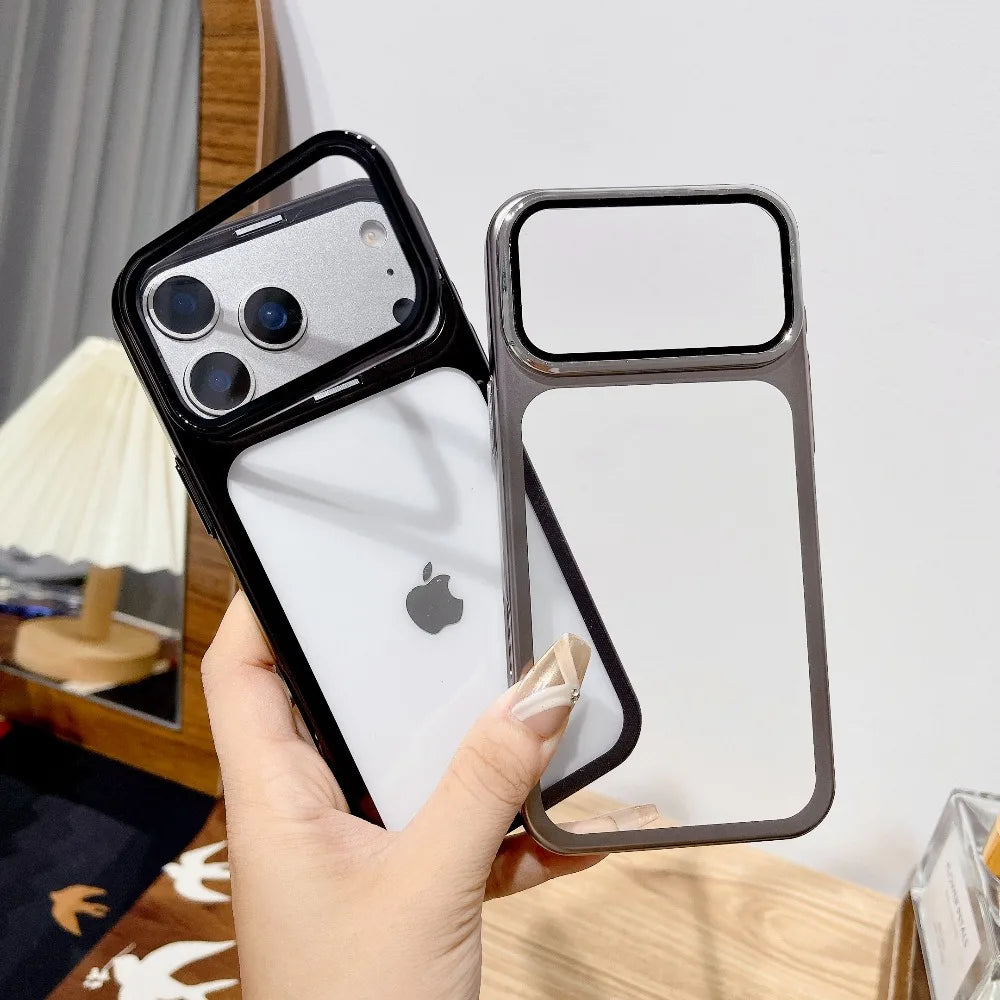 Ultra Thin Transparent Camera Stand Case for iPhone 17 / 17 Pro / 17 Air / 17 Pro Max – Plated Glass Shockproof Cover