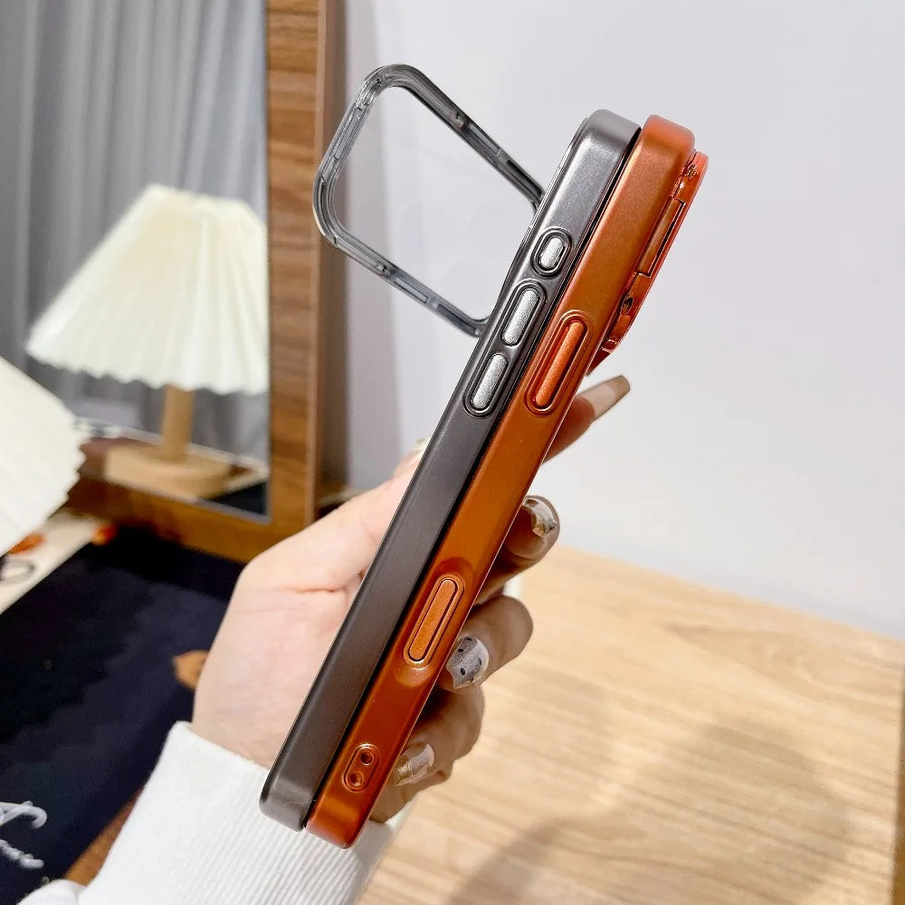 Ultra Thin Transparent Camera Stand Case for iPhone 17 / 17 Pro / 17 Air / 17 Pro Max – Plated Glass Shockproof Cover
