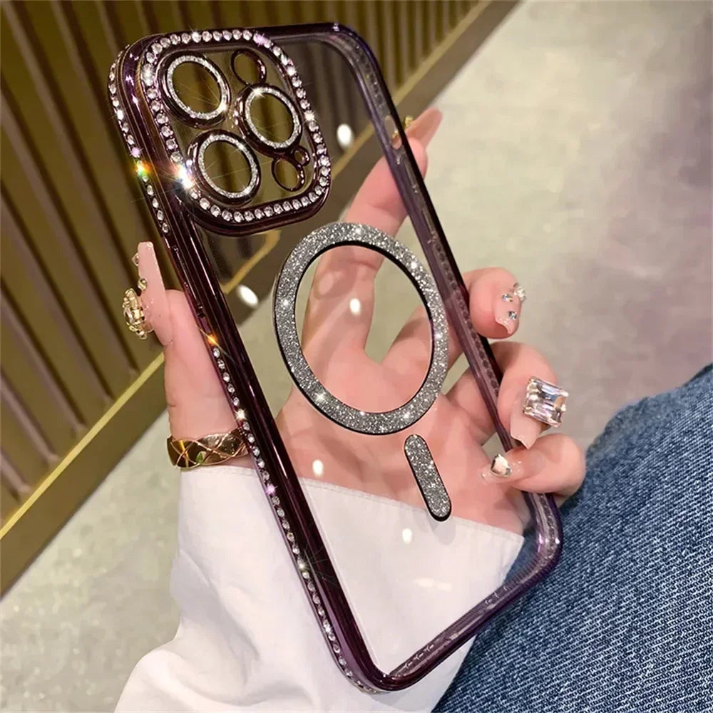 Glitter Diamond Transparent Phone Case for iPhone 11–17 Series – Magnetic Wireless Charging Bumper Cover