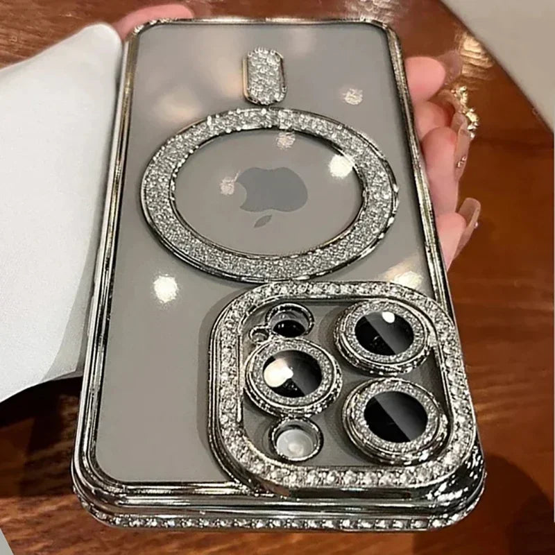 Glitter Diamond Transparent Phone Case for iPhone 11–17 Series – Magnetic Wireless Charging Bumper Cover