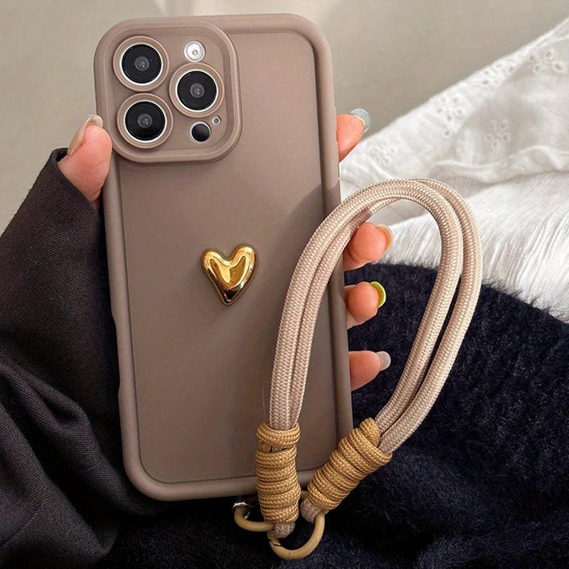 Cute Korean 3D Golden Love Heart Soft Case for iPhone 7–17 Series, Wrist Chain Strap Protective Cover