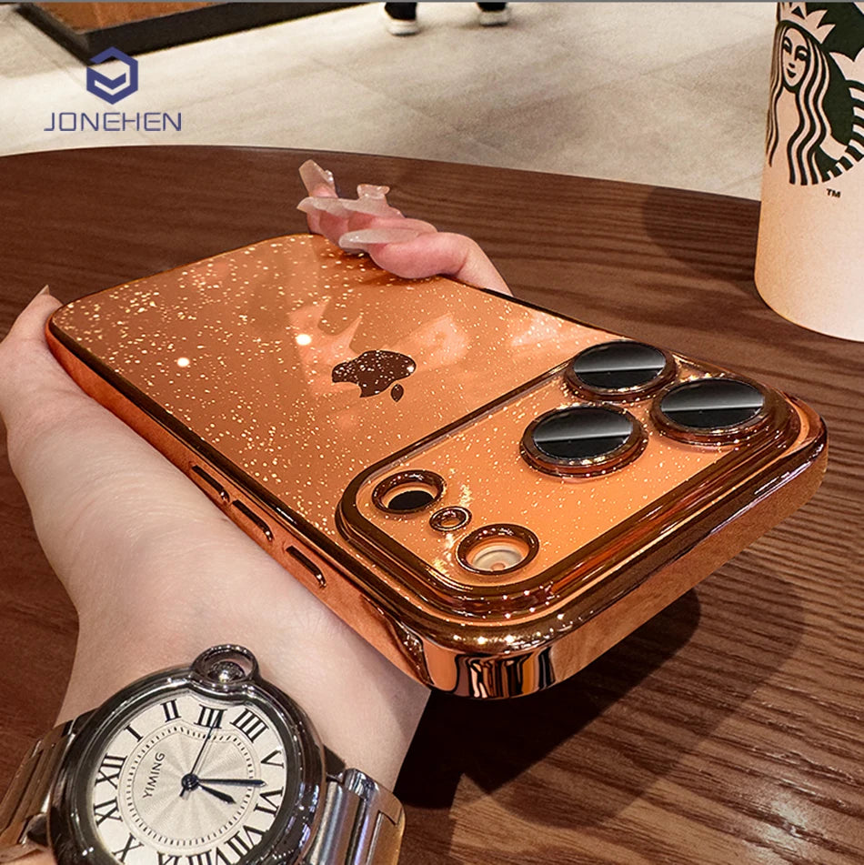 Luxury Transparent Glitter Clear Slim Case for iPhone 12–17 Series, Orange Painted Bumper Lens Protection Hard Cover