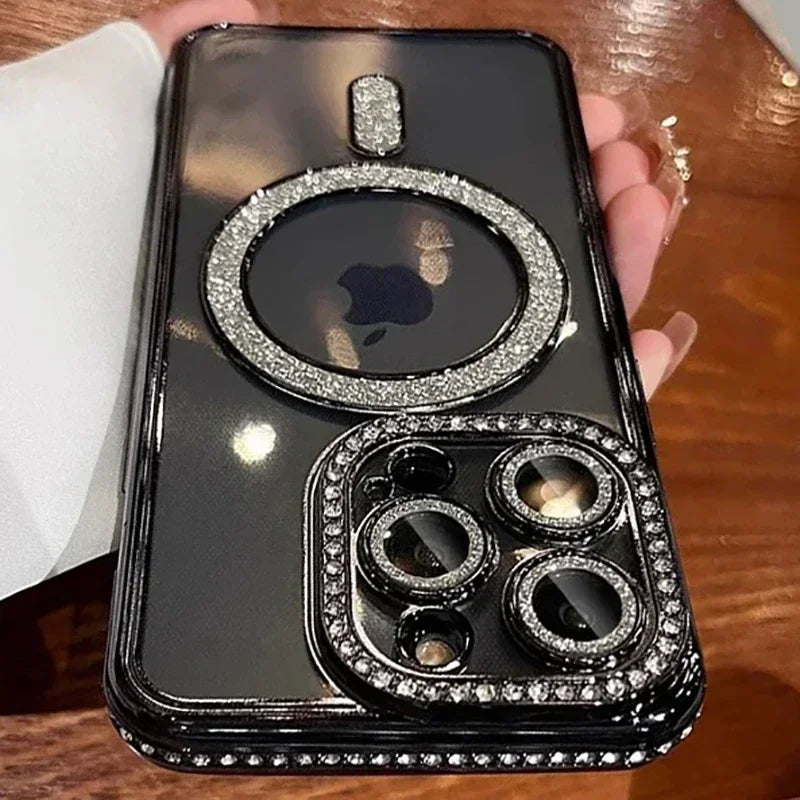 Glitter Diamond Transparent Phone Case for iPhone 11–17 Series – Magnetic Wireless Charging Bumper Cover