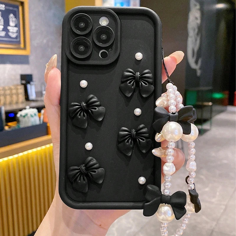 3D Bowknot Pearl Silicone Phone Case for iPhone 7–17 Series – Korean Style Soft Protective Cover with Lanyard