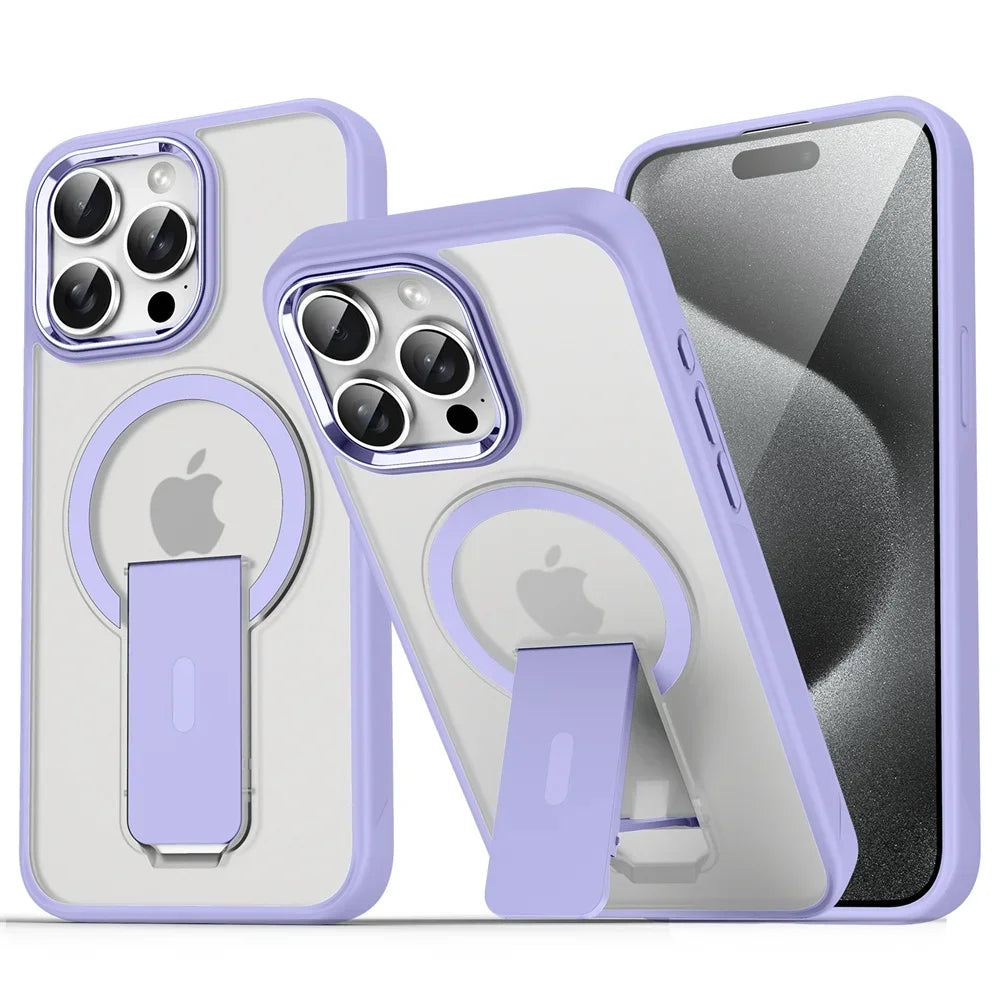 Luxury MagSafe Folding Stand Case for iPhone 11–16 Series – Magnetic Matte Translucent Protective Back Cover