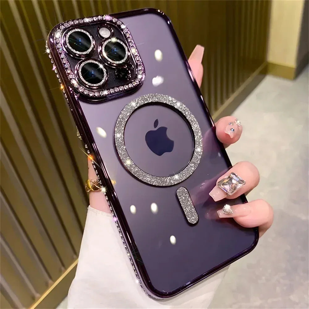 Glitter Diamond Transparent Phone Case for iPhone 11–17 Series – Magnetic Wireless Charging Bumper Cover