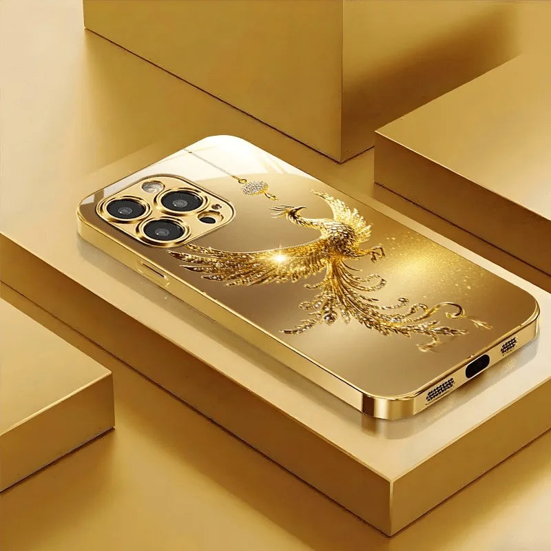 Golden Phoenix Metallic Glass Phone Case for iPhone 11–17 Series – Luxury Diamond Pattern Protective Cover