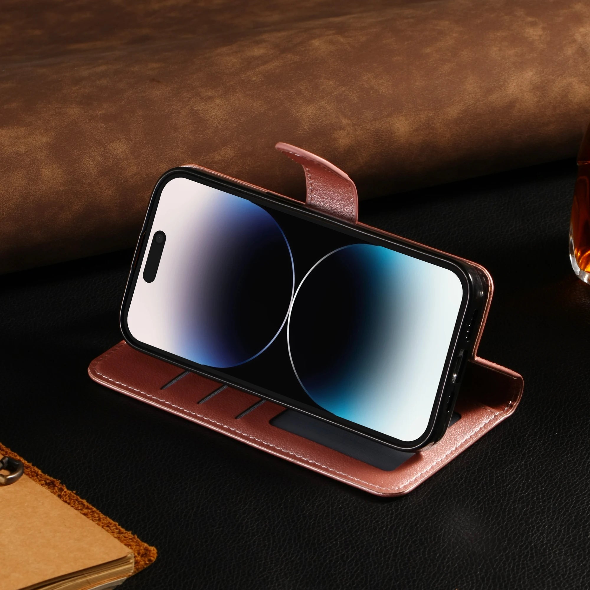 Leather Flip Wallet Stand Case for iPhone 6–15 Series, Protective Cover