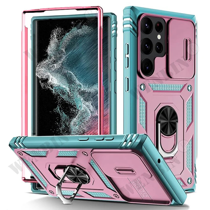 Heavy Duty Kickstand Case for Samsung Galaxy S23–S26 & A Series – 360° Camera Protection Cover for Ultra / Plus / FE / A17 / A16 / A57 / A56 / A37 / A36 5G