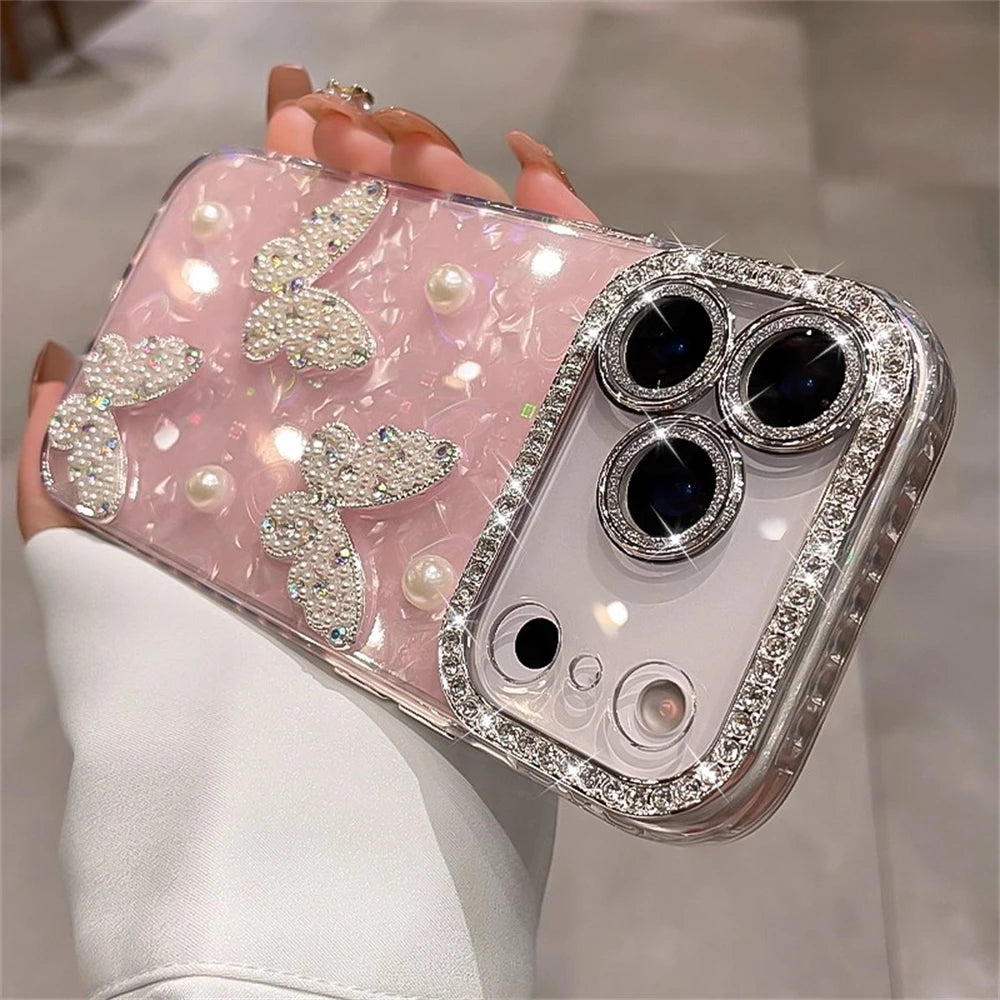 Rhinestone Glitter Pearl Butterfly Phone Case for iPhone 12–17 Series, Diamond Camera Protection Cover