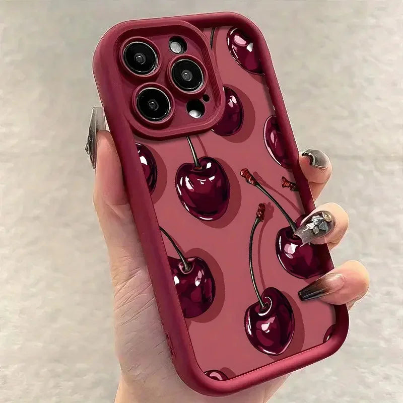 Wine Red Cherry Print Phone Case for iPhone 7–17 Series – Luxury Shockproof Silicone Protective Cover