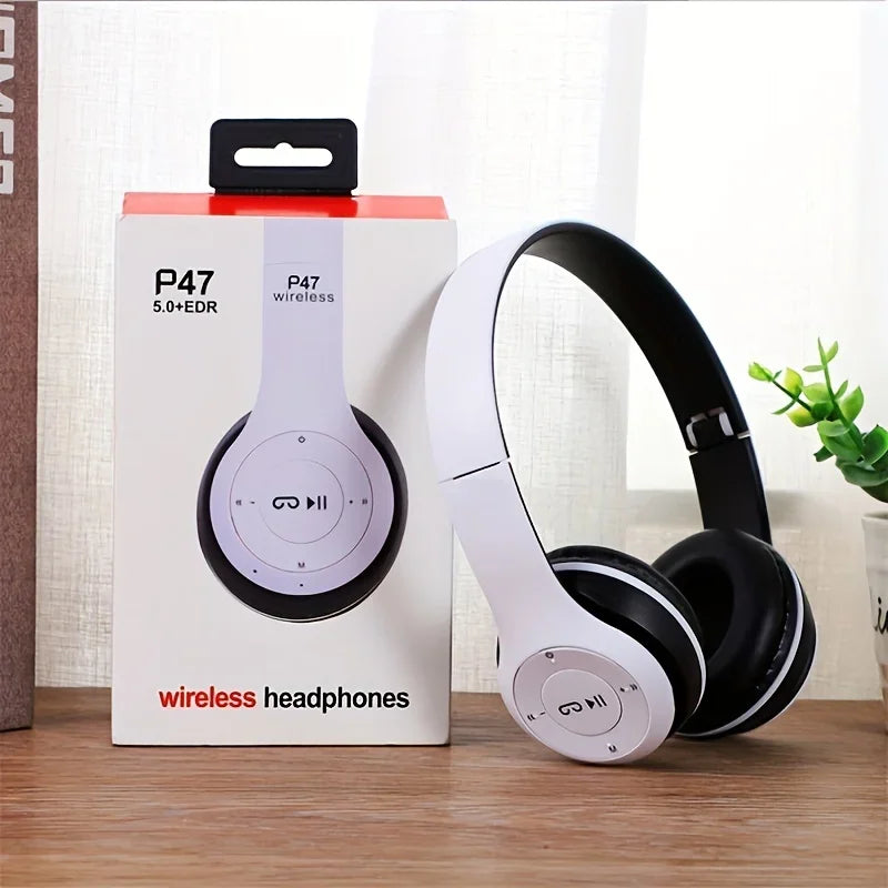 P47 Bluetooth Wireless Headphones – Foldable HiFi Stereo Bass Earphones with Mic & USB Adapter for iPhone, Gaming & Kids