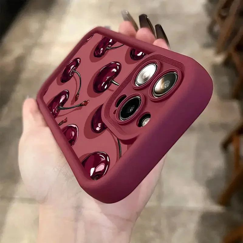 Wine Red Cherry Print Phone Case for iPhone 7–17 Series – Luxury Shockproof Silicone Protective Cover