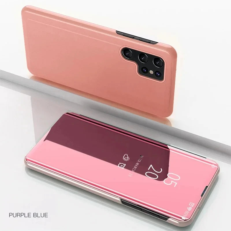 Luxury Mirror Flip Case for Samsung Galaxy S21–S26 Series – Shockproof Leather Texture Protective Cover