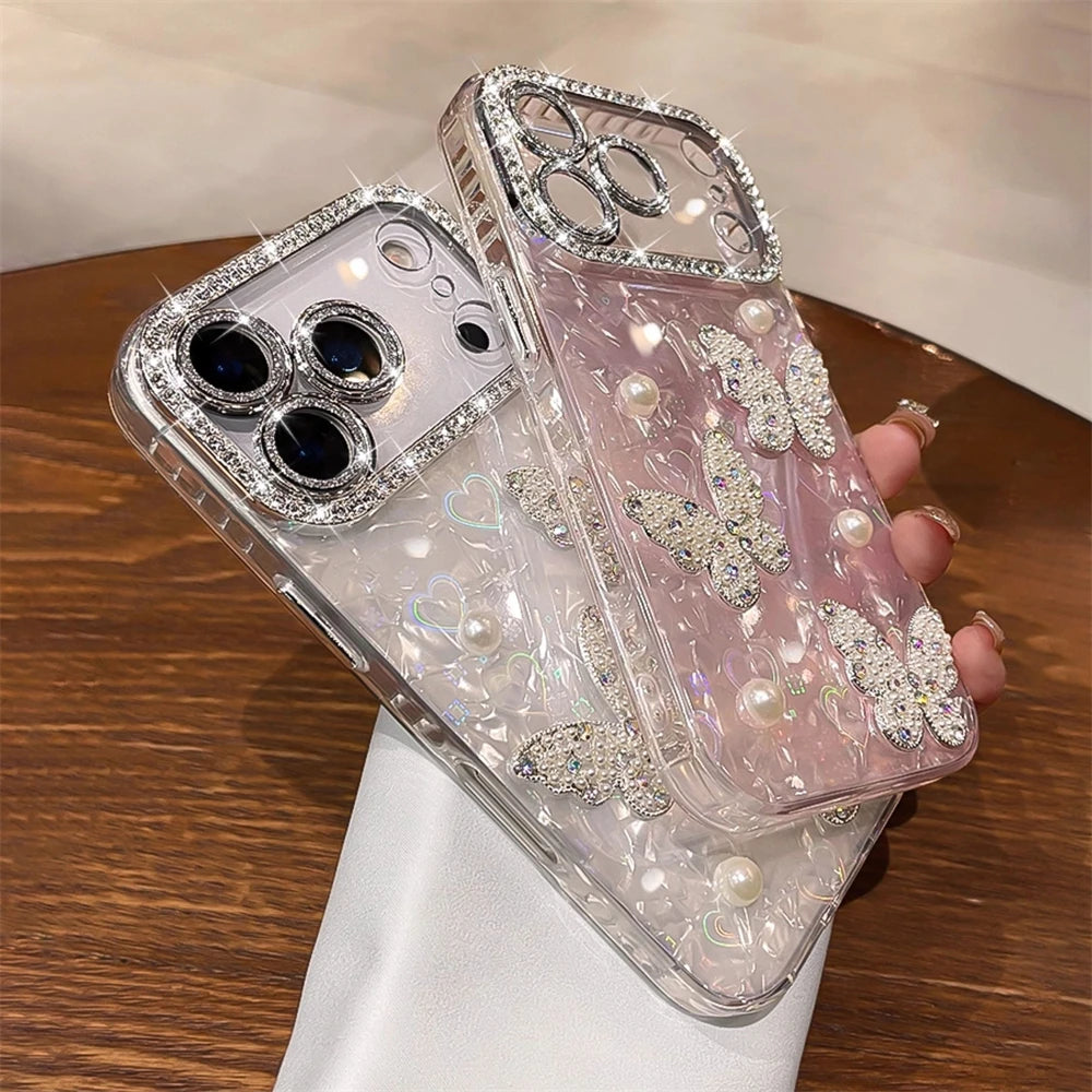 Rhinestone Glitter Pearl Butterfly Phone Case for iPhone 12–17 Series, Diamond Camera Protection Cover