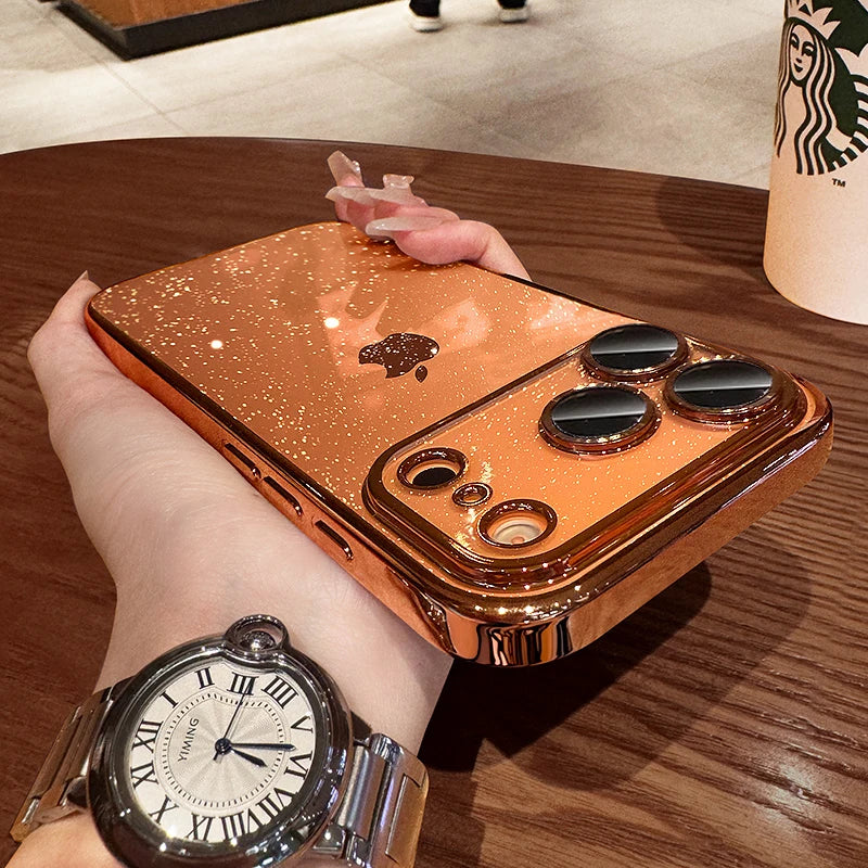 Luxury Transparent Glitter Clear Slim Case for iPhone 12–17 Series, Orange Painted Bumper Lens Protection Hard Cover