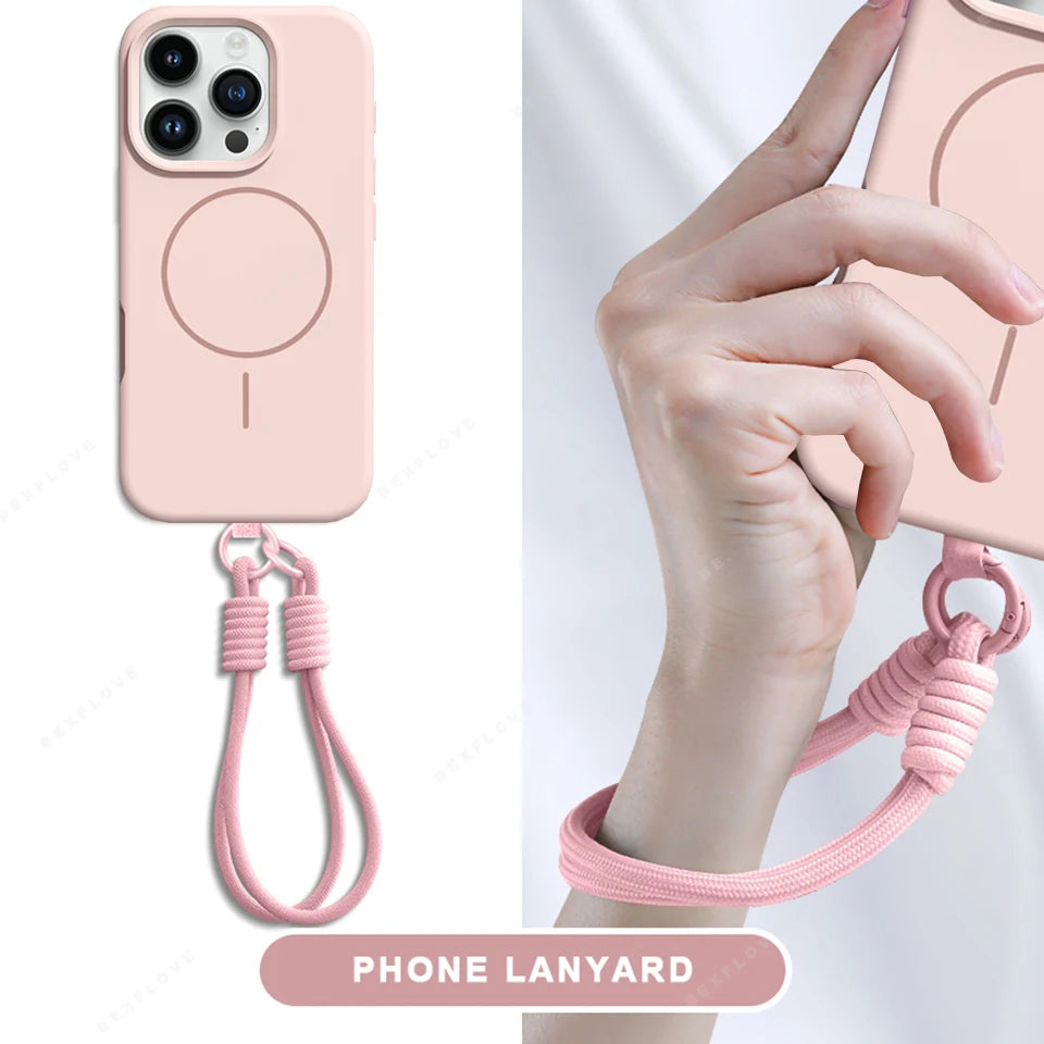 MagSafe Magnetic Lanyard Silicone Phone Case with Strap – Soft Protective Cover for iPhone 11-16 Series