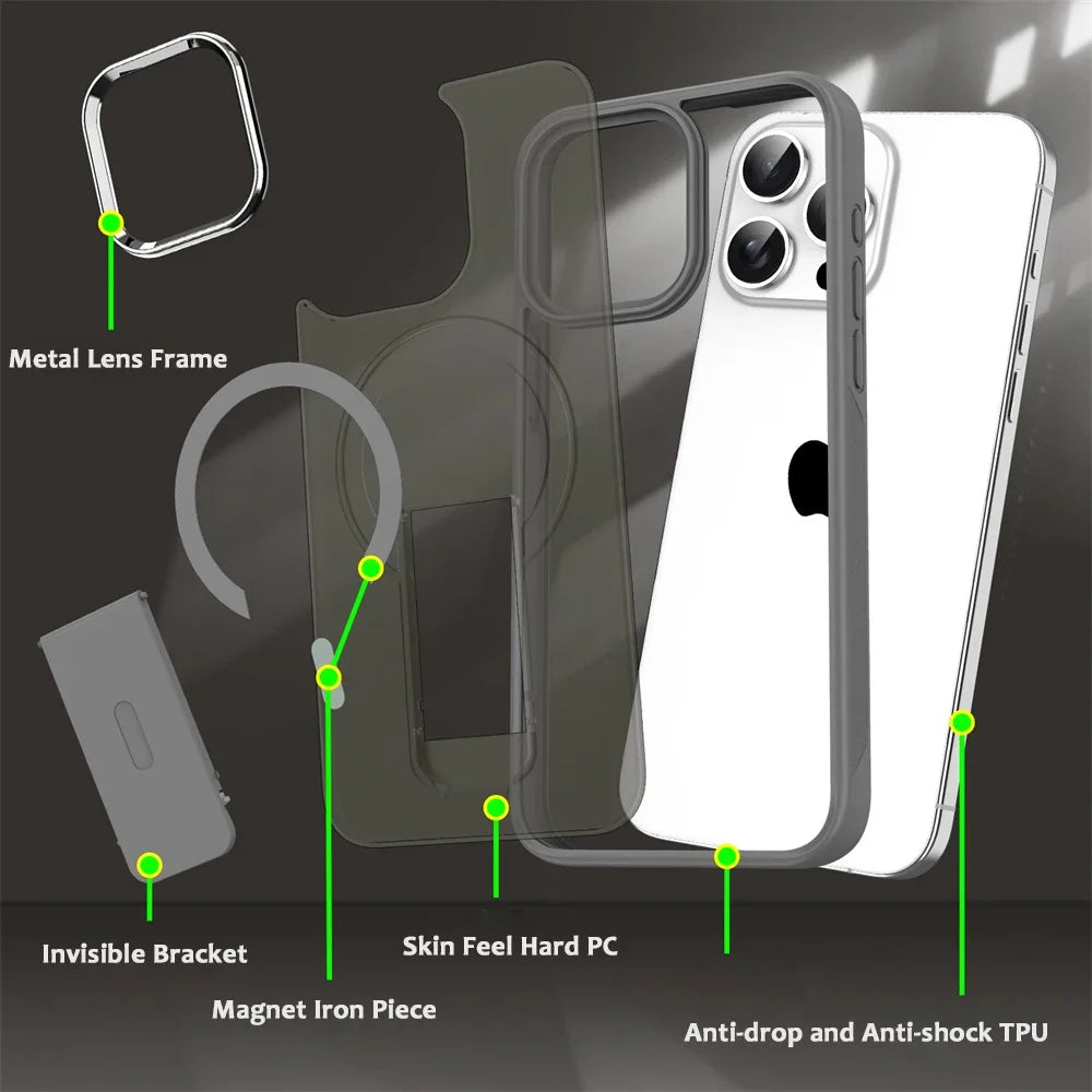 Luxury MagSafe Folding Stand Case for iPhone 11–16 Series – Magnetic Matte Translucent Protective Back Cover