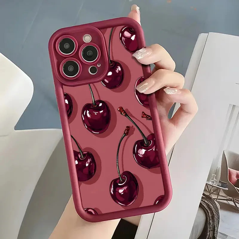 Wine Red Cherry Print Phone Case for iPhone 7–17 Series – Luxury Shockproof Silicone Protective Cover
