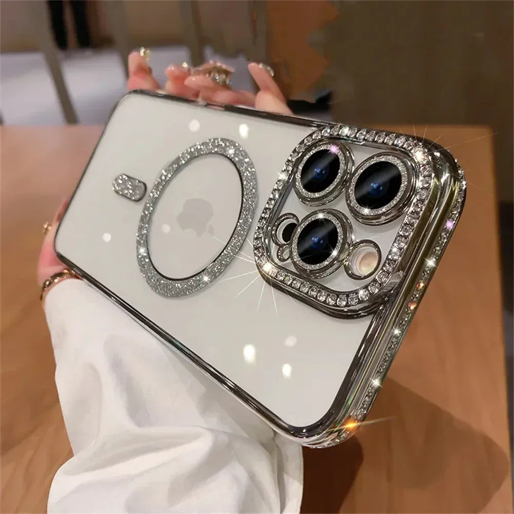 Glitter Diamond Transparent Phone Case for iPhone 11–17 Series – Magnetic Wireless Charging Bumper Cover