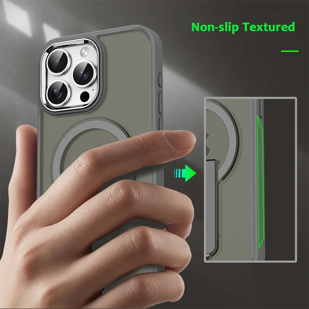 Luxury MagSafe Folding Stand Case for iPhone 11–16 Series – Magnetic Matte Translucent Protective Back Cover