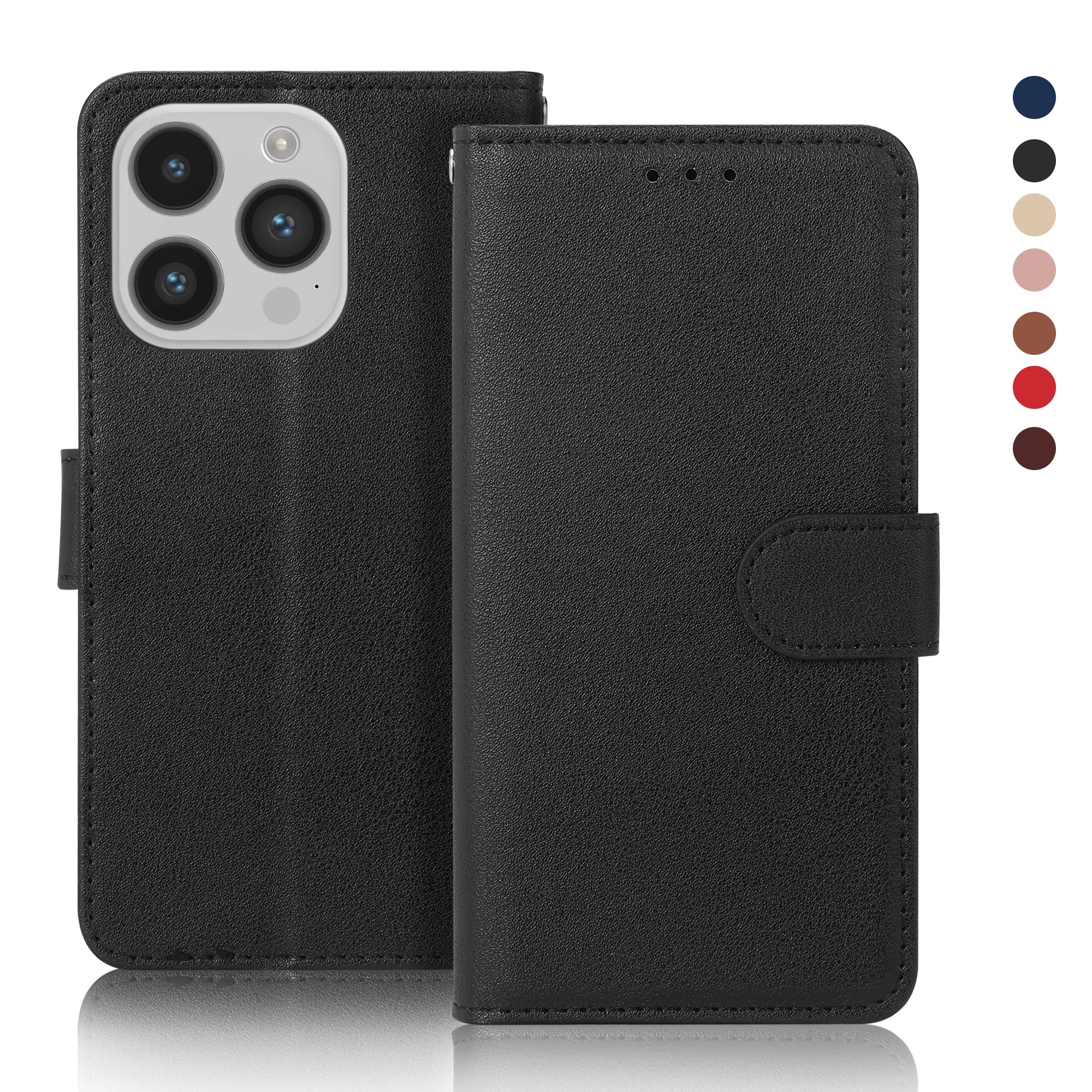 Leather Flip Wallet Stand Case for iPhone 6–15 Series, Protective Cover