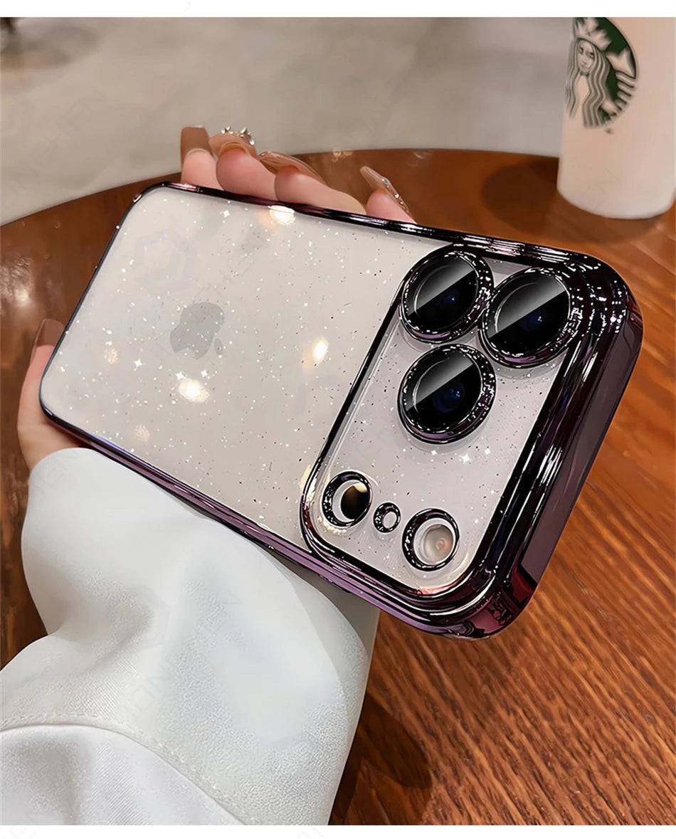 Luxury Transparent Glitter Clear Slim Case for iPhone 12–17 Series, Orange Painted Bumper Lens Protection Hard Cover