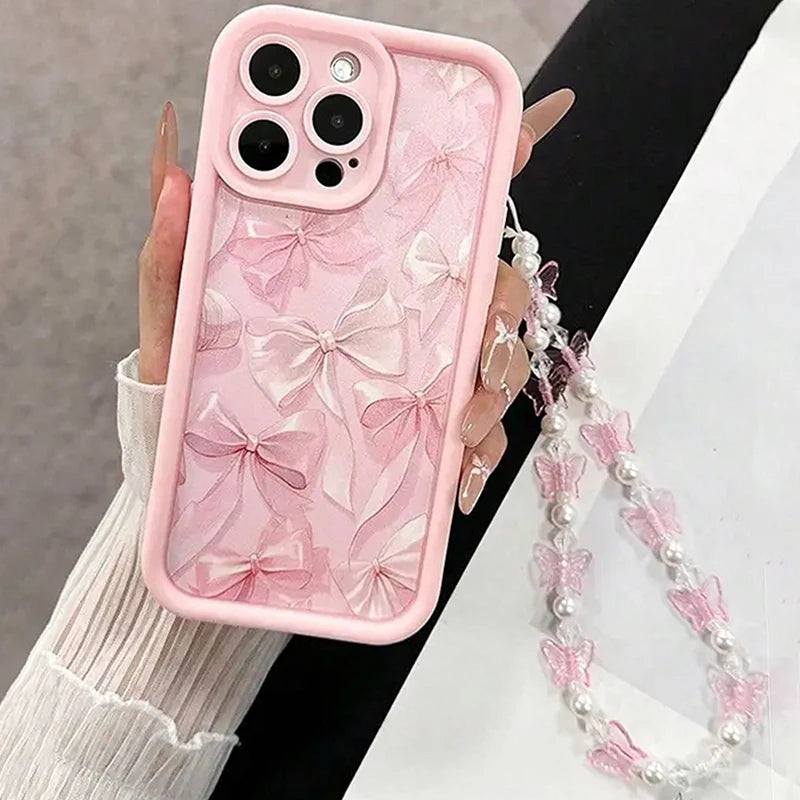 Pink Bow Silicone Phone Case for iPhone 7–17 Series – Cute Butterfly Charm Protective Cover iPhone