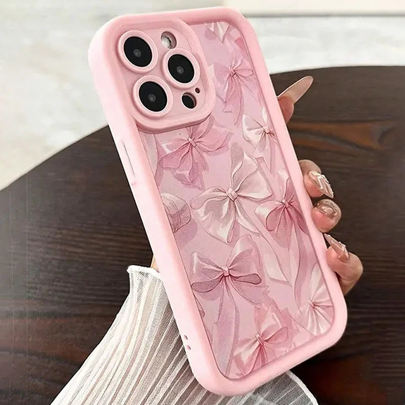 Pink Bow Silicone Phone Case for iPhone 7–17 Series – Cute Butterfly Charm Protective Cover iPhone