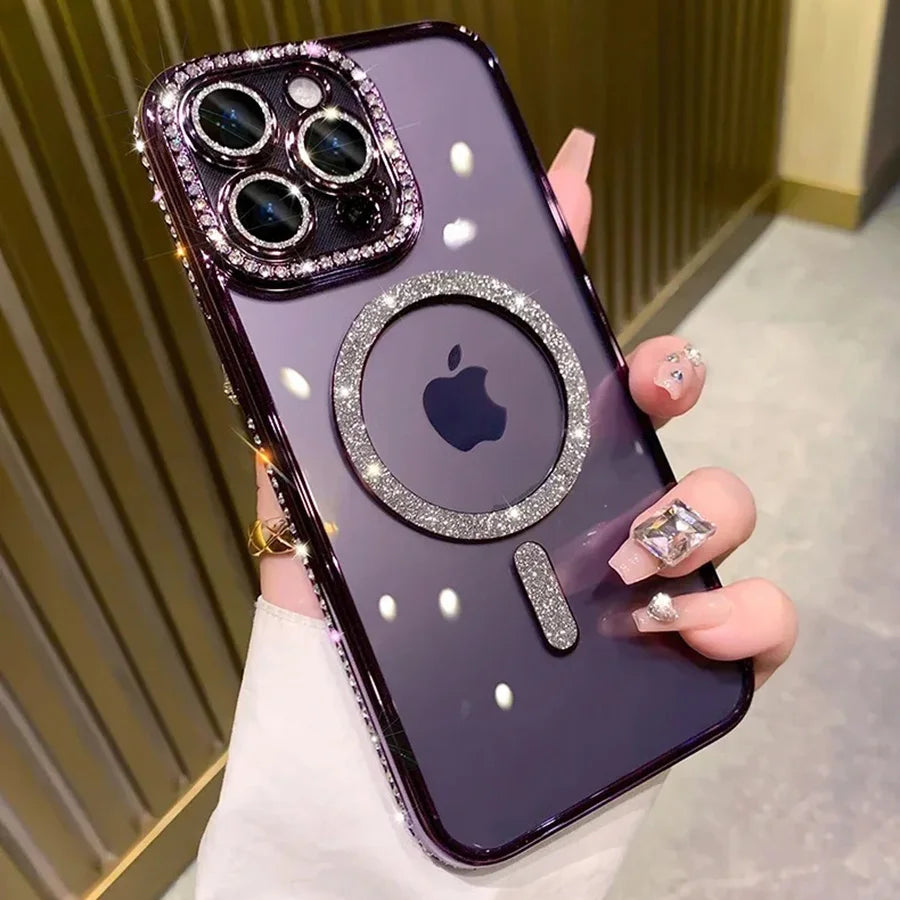 Glitter Diamond Transparent Phone Case for iPhone 11–17 Series – Magnetic Wireless Charging Bumper Cover