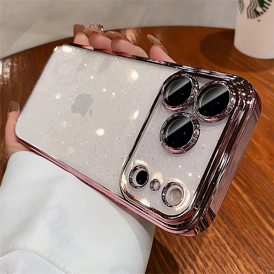 Luxury Transparent Glitter Clear Slim Case for iPhone 12–17 Series, Orange Painted Bumper Lens Protection Hard Cover