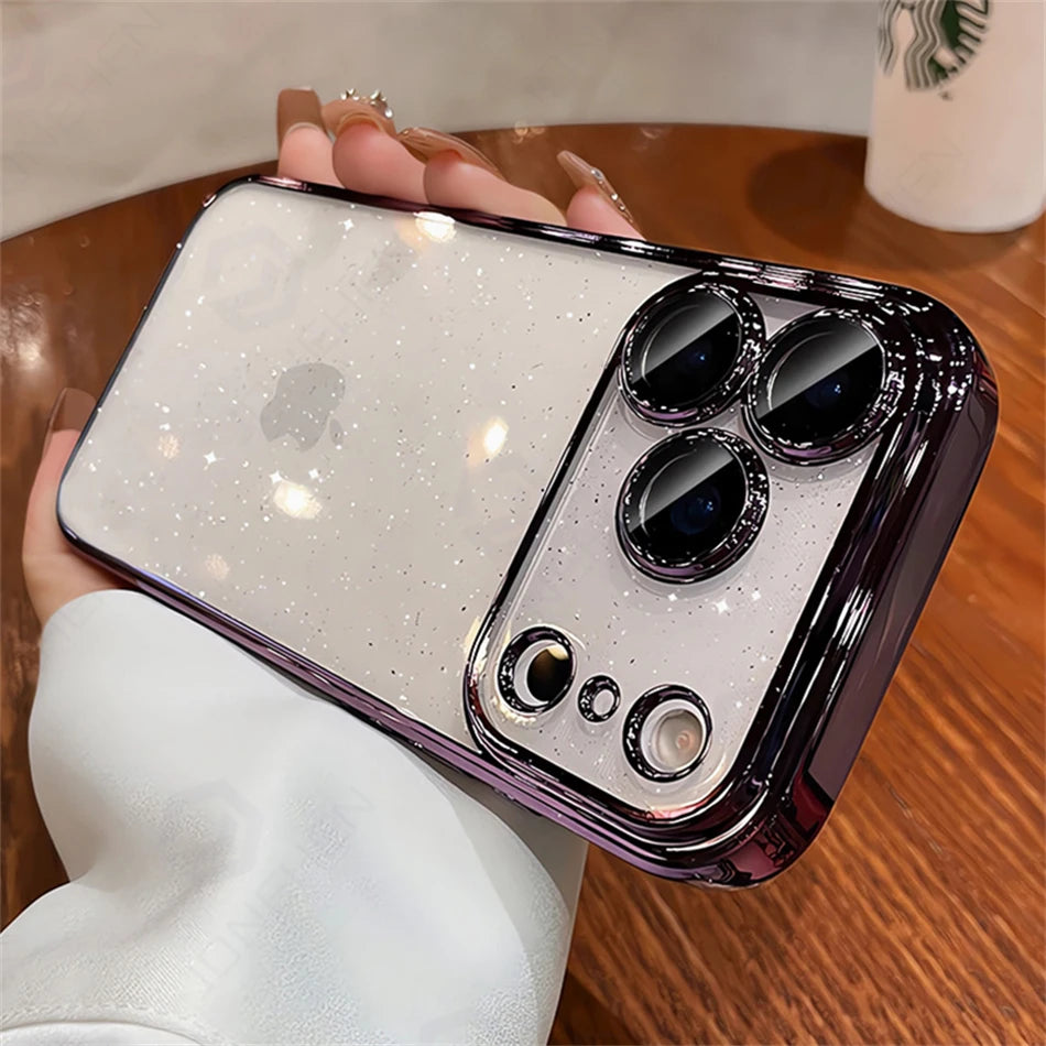 Luxury Transparent Glitter Clear Slim Case for iPhone 12–17 Series, Orange Painted Bumper Lens Protection Hard Cover