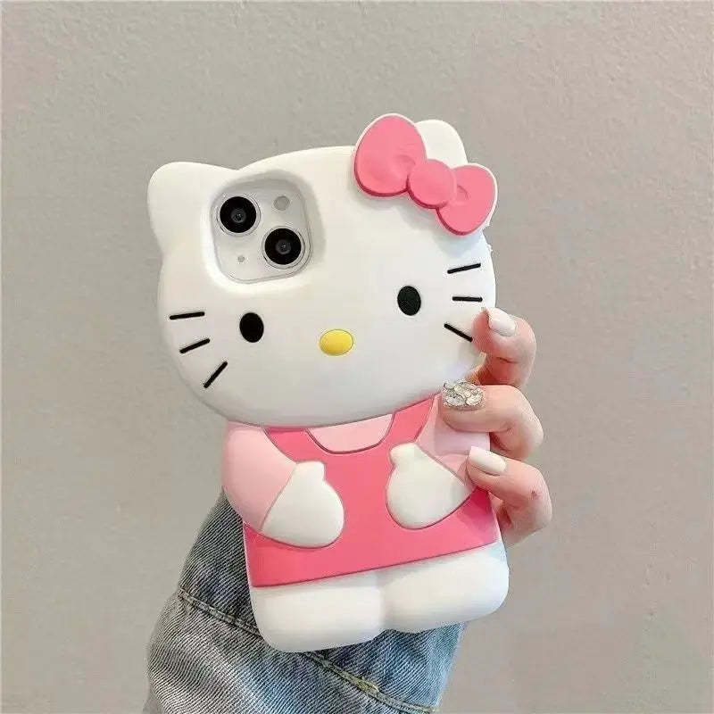 Bowknot Kitty Cat 3D Silicone Soft Phone Case for iPhone 4–17 Series, Cute Protective Cover