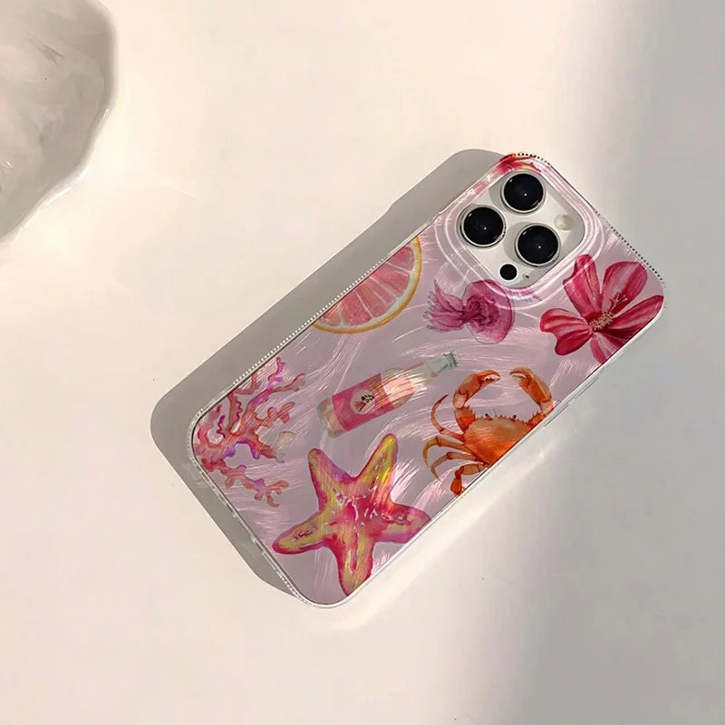 Pink Heart Starfish Pattern Phone Case for iPhone 7–17 Series – Cute Coral Jellyfish Protective Cover