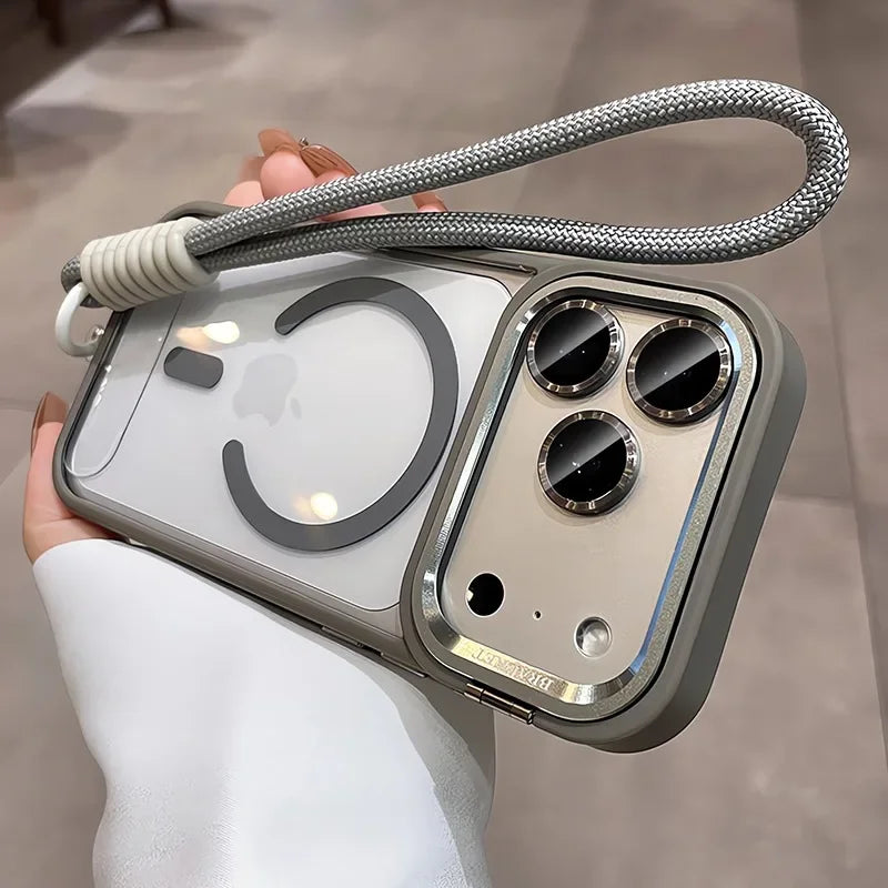 MagSafe Camera Bracket Phone Case for iPhone 11–17 Series – Protective Cover with Wrist Strap, Lens Film & Camera Stand