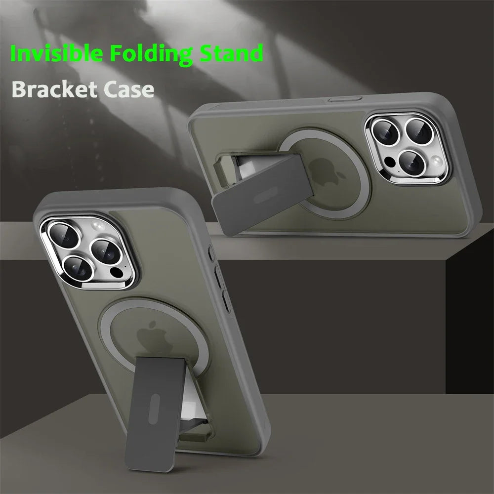 Luxury MagSafe Folding Stand Case for iPhone 11–16 Series – Magnetic Matte Translucent Protective Back Cover