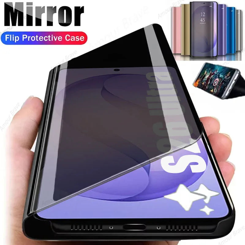 Luxury Mirror Flip Case for Samsung Galaxy S21–S26 Series – Shockproof Leather Texture Protective Cover