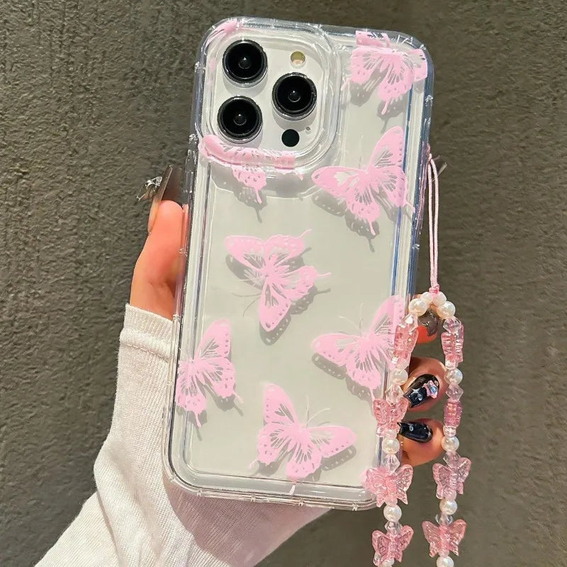 Butterfly Pattern Phone Case for iPhone 7–17 Series – Transparent Protective Cover with Lanyard