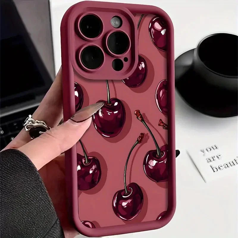 Wine Red Cherry Print Phone Case for iPhone 7–17 Series – Luxury Shockproof Silicone Protective Cover