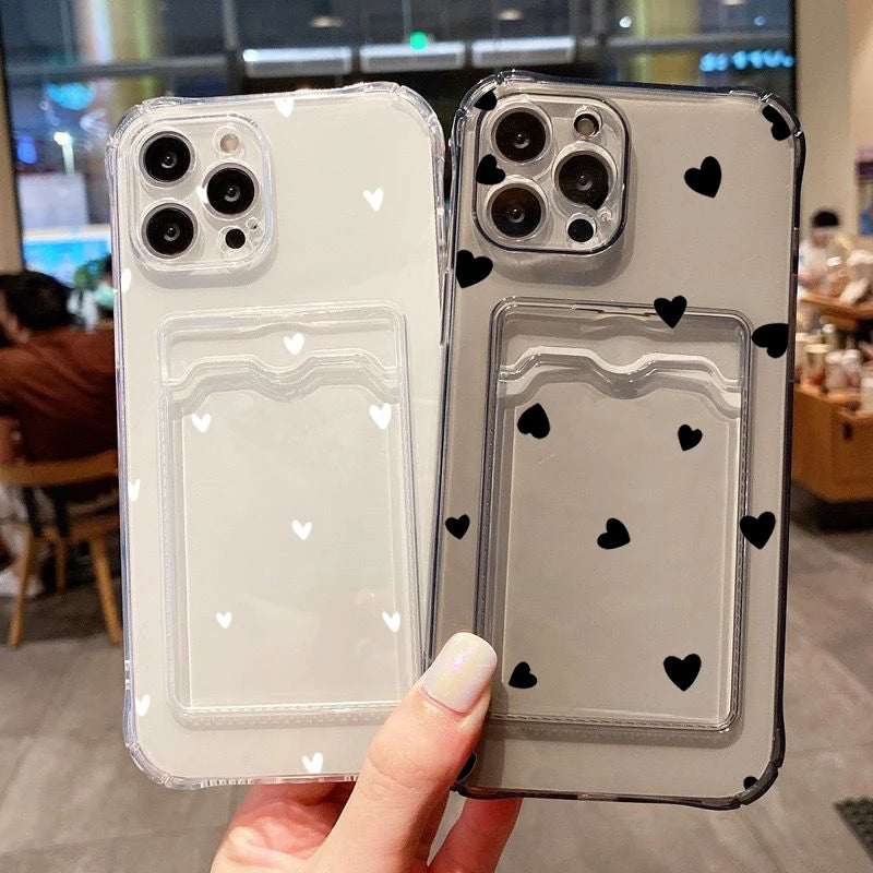 Love Heart Wallet Phone Case for iPhone 7–16 Series – Clear Card Holder Protective Cover