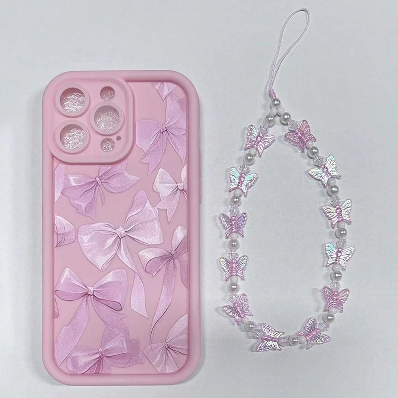 Pink Bow Silicone Phone Case for iPhone 7–17 Series – Cute Butterfly Charm Protective Cover iPhone