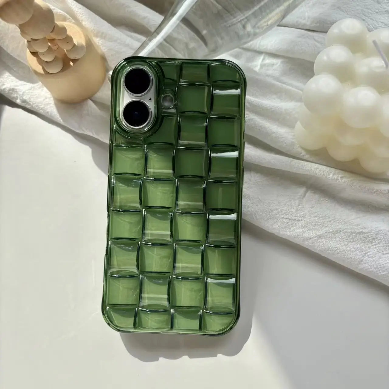 Green Woven Plaid Phone Case for iPhone 11–17 Series – 3D Cube Pattern Soft Transparent Protective Cover