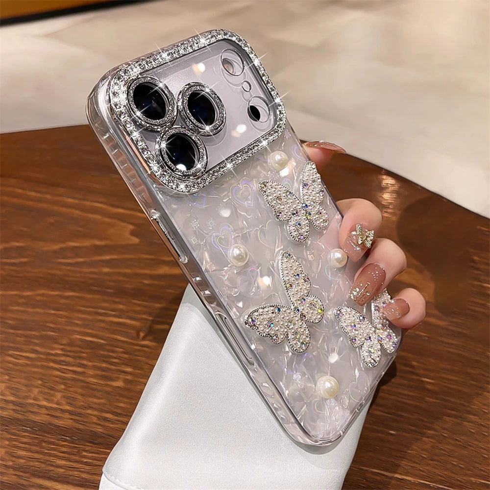 Rhinestone Glitter Pearl Butterfly Phone Case for iPhone 12–17 Series, Diamond Camera Protection Cover