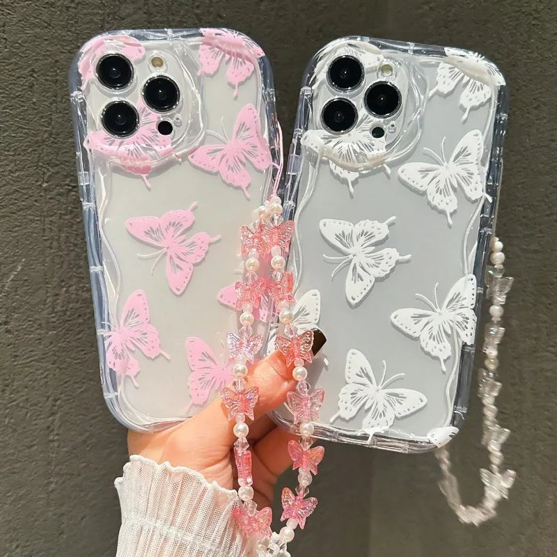 Butterfly Pattern Phone Case for iPhone 7–17 Series – Transparent Protective Cover with Lanyard