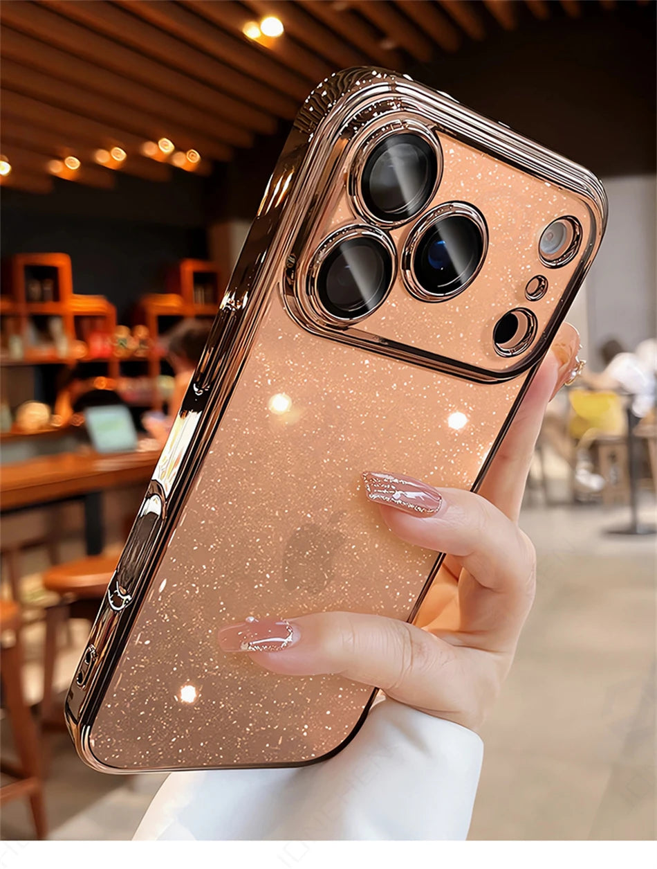Luxury Transparent Glitter Clear Slim Case for iPhone 12–17 Series, Orange Painted Bumper Lens Protection Hard Cover