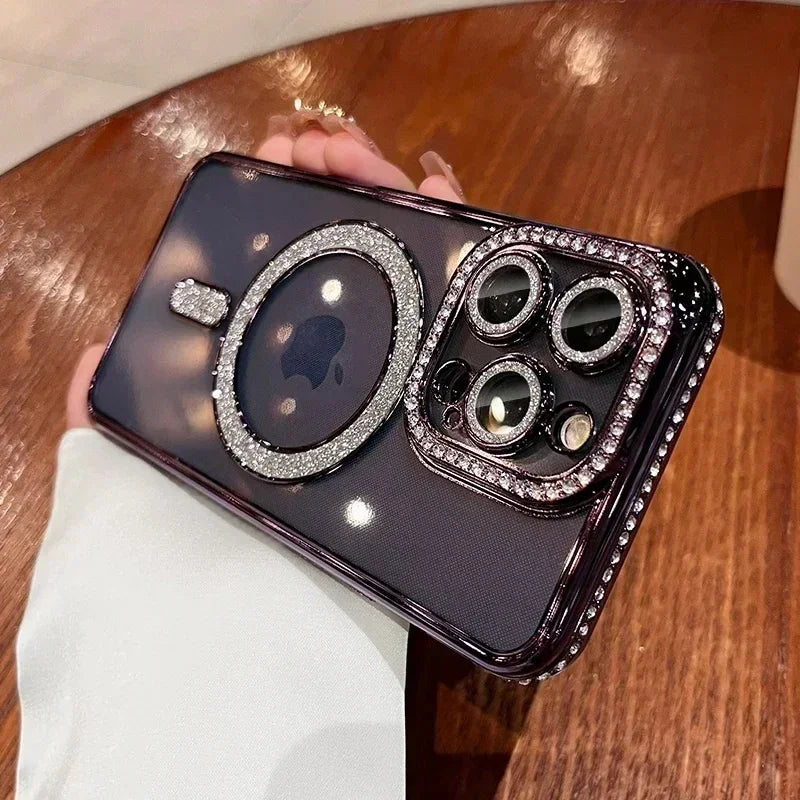 Glitter Diamond Transparent Phone Case for iPhone 11–17 Series – Magnetic Wireless Charging Bumper Cover