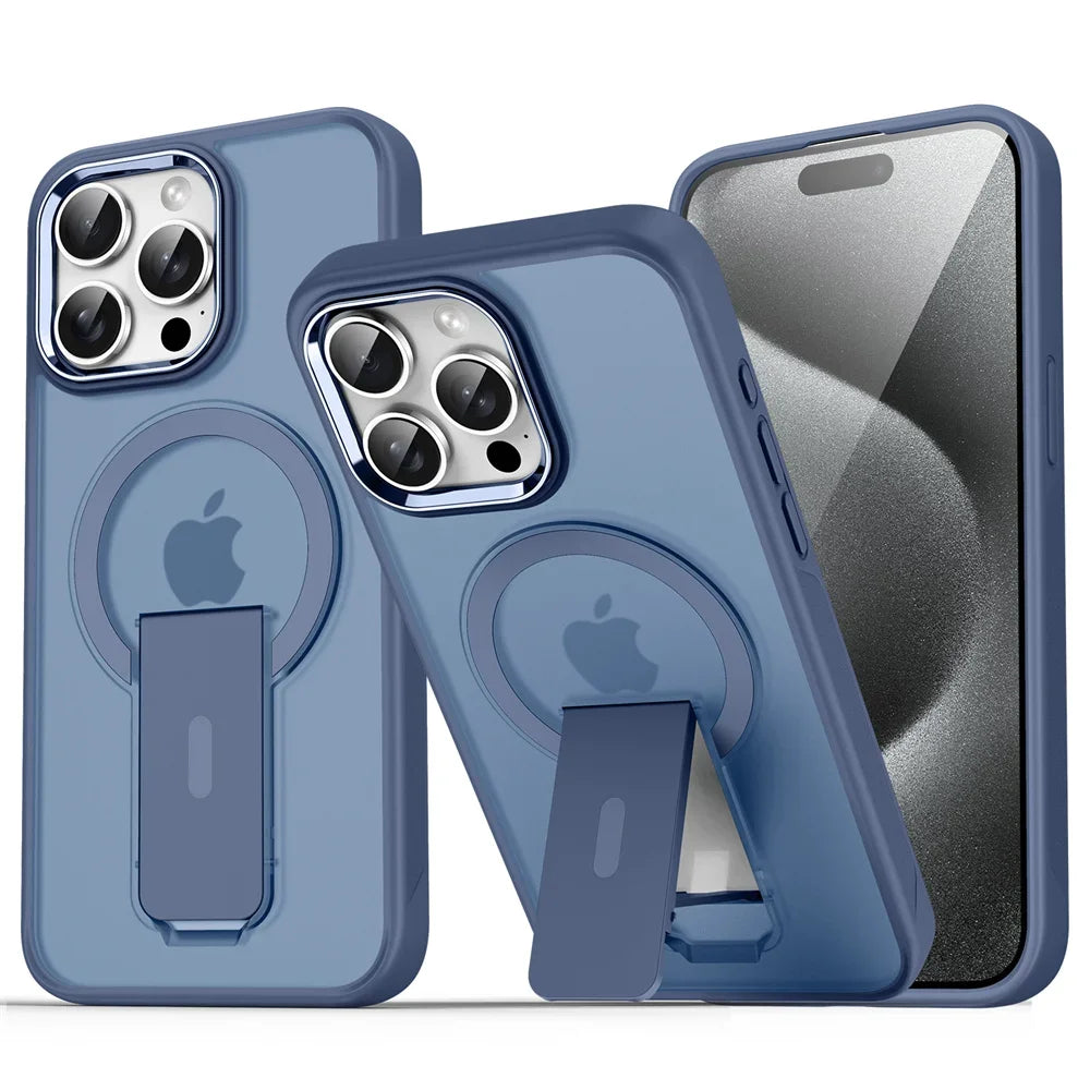 Luxury MagSafe Folding Stand Case for iPhone 11–16 Series – Magnetic Matte Translucent Protective Back Cover