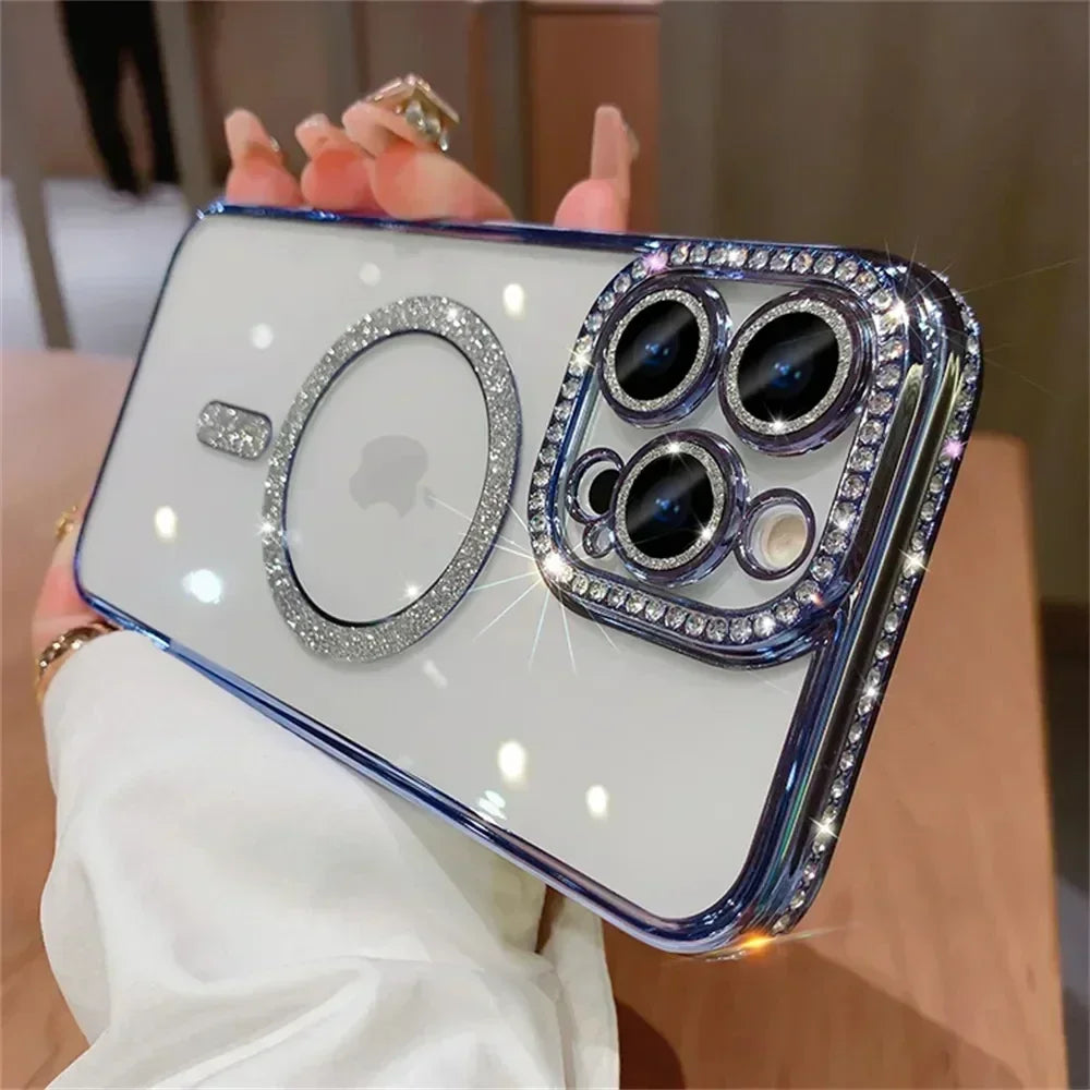Glitter Diamond Transparent Phone Case for iPhone 11–17 Series – Magnetic Wireless Charging Bumper Cover