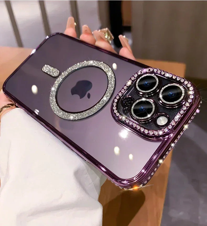 Glitter Diamond Transparent Phone Case for iPhone 11–17 Series – Magnetic Wireless Charging Bumper Cover